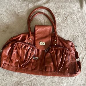 Man made material faux leather women purse handbag brown zipped outside pockets